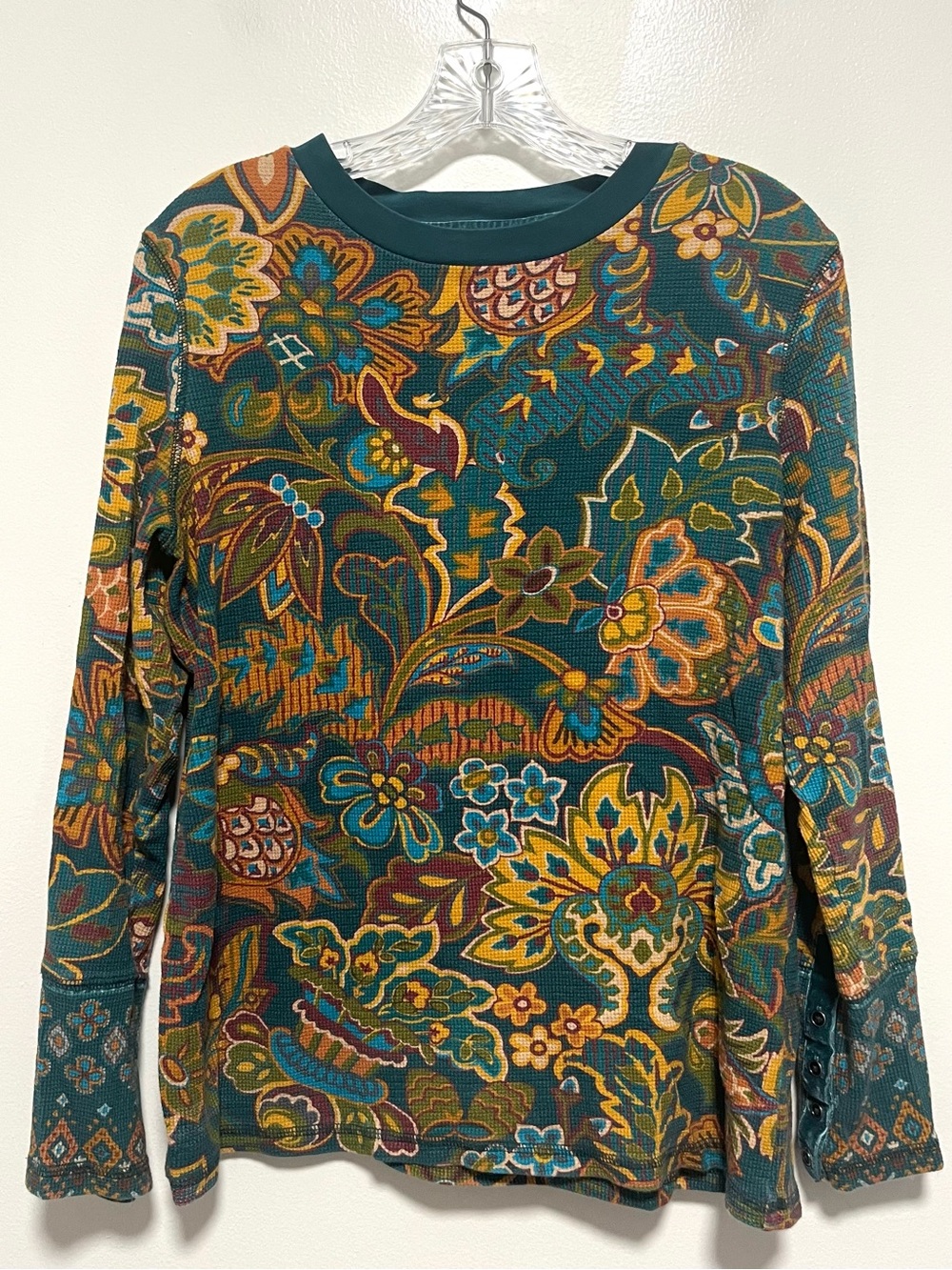Sundance Thermal Waffle Knit Floral Paisley Teal Velvet Trim Cotton Blend Size L